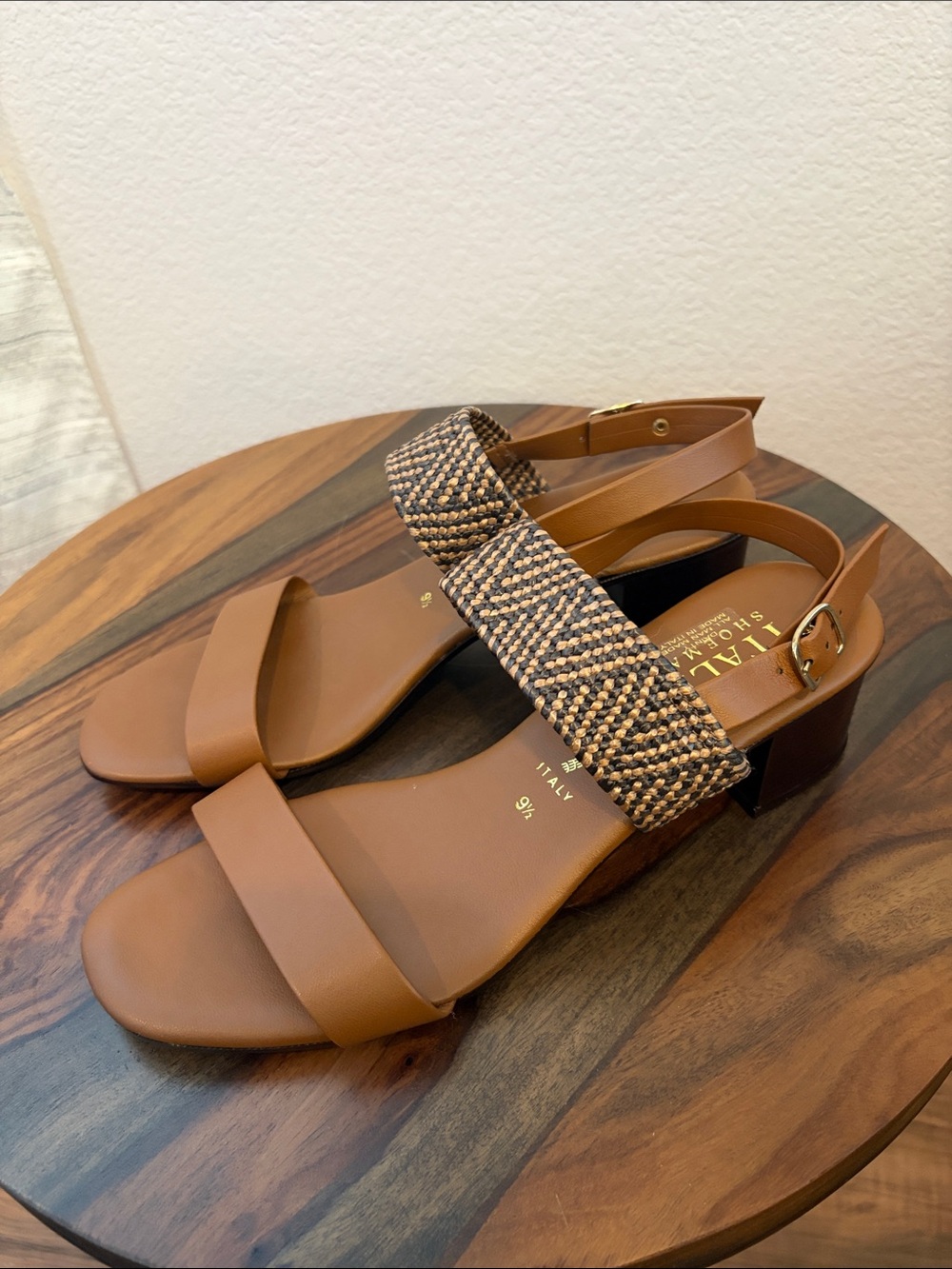 Italian Shoemakers Woven Strap Tan Leather Block Heel Sandals